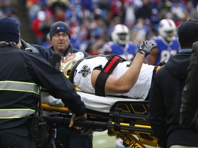 New Orleans Saints running back Daniel Lasco (36) is carted off the field during the first half of an NFL football game against the Buffalo Bills Sunday, Nov. 12, 2017, in Orchard Park, N.Y. (AP Photo/Jeffrey T. Barnes)