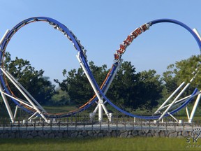 This undated rendering provided by Skyline Attractions shows Skywarp, a double-car roller coaster that features two cars speeding around each other on double loops. Skywarp will debut at Six Flags Discovery Kingdom in Vallejo, California, in the summer of 2018. It was one of a number of new attractions being talked about at this week's theme park expo in Orlando, sponsored by the International Association of Amusement Parks and Attractions. (Skyline Attractions via AP)