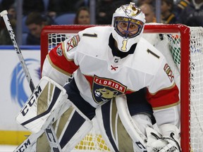 Florida Panthers goalie Roberto Luongo (1) looks on during the first period of an NHL hockey game against the Buffalo Sabres, Friday Nov. 10, 2017, in Buffalo, N.Y. (AP Photo/Jeffrey T. Barnes)