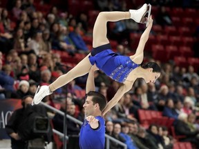Deanna Stellato and Nathan Bartholomay, of the United States, perform during the pairs short program at the 2017 Bridgestone Skate America, Friday, Nov. 24, 2017, in Lake Placid, N.Y. (AP Photo/Julie Jacobson)