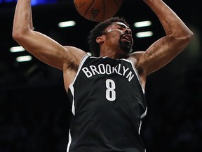 Brooklyn Nets guard Spencer Dinwiddie dunks the ball against the Utah Jazz during the second quarter of an NBA basketball game, Friday, Nov. 17, 2017, in New York. (AP Photo/Julie Jacobson)