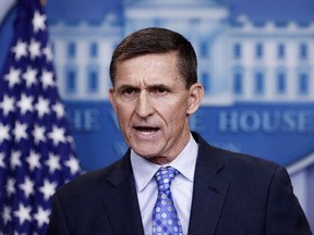 FILE - In this Feb. 1, 2017 file photo, National Security Adviser Michael Flynn speaks during the daily news briefing at the White House, in Washington. A lawyer for former national security adviser Flynn has told President Donald Trump's legal team that they are no longer communicating with them about special counsel Robert Mueller's investigation into Russian election interference, according to a person familiar with the decision who spoke to The Associated Press on condition of anonymity. (AP Photo/Carolyn Kaster, File)