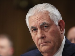 FILE- In this Oct. 30, 2017, file photo, Secretary of State Rex Tillerson testifies before a Senate Foreign Relations Committee hearing on Capitol Hill in Washington.  The Trump administration put the Palestinians on notice Friday, Nov. 17, 2017, that it will shut their office in Washington unless they've entered serious peace talks with Israel, U.S. officials said. Tillerson has determined that the Palestinians ran afoul of an obscure provision in a U.S. law that says the Palestine Liberation Organization's mission must close if the Palestinians try to get the International Criminal Court to prosecute Israelis for crimes against Palestinians. (AP Photo/Manuel Balce Ceneta, File)