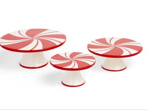 This undated photo provided by HomeGoods shows peppermint wheel cake stands. Display sweet treats on one of these festive stands from HomeGoods; three sizes are available. (HomeGoods via AP)