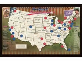 This undated photo provided by MapYourTravels.com shows a map of the U.S. baseball parks. For the sports-loving family, this beautiful map depicts the country's ballparks, both past and present. Use the different colored pins to mark parks, stadiums and favorite places. (MapYourTravels.com via AP)