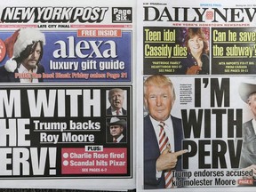 The New York Post, left, and New York Daily News are arranged for a photo, Wednesday, Nov. 22, 2017. The papers will often tackle the same topics on their front page, but only when the stars align do their colorful headline writers get the same idea. Both were reporting Wednesday on President Donald Trump's backing of Republican Alabama Senate candidate Roy Moore, who is accused of molesting a 14-year-old girl decades ago. Moore denies the charge. (AP Photo/Mark Lennihan)