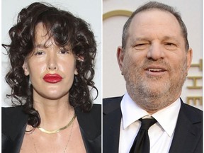 This combination of two file photos shows actress Paz de la Huerta and film producer Harvey Weinstein. De la Huerta's attorneys say a subpoena in the Harvey Weinstein rape investigation requesting all medical treatment records from her therapist is too broad and she should have a chance to review them before turning it over to prosecutors. De la Huerta told police on Oct. 25, 2017 the Weinstein raped her twice in 2010. (AP Photo/Omar Vega, de la Heurta; Jordan Strauss, Weinstein)