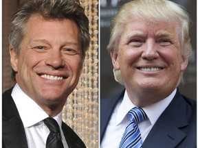 This combination of 2014 file photos shows musician Jon Bon Jovi, left, and developer/reality show star Donald Trump. GQ magazine reported in October 2017 that Trump was behind a campaign that kept Bon Jovi from purchasing the Buffalo Bills NFL team in 2014. (AP Photos/File)
