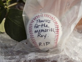 A memento in remembrance of Roy Halladay is shown outside Citizens Bank Park in Philadelphia on Nov. 8.