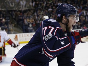 Columbus Blue Jackets' Josh Anderson celebrates his goal against the Calgary Flames during the overtime period of an NHL hockey game Wednesday, Nov. 22, 2017, in Columbus, Ohio. The Blue Jackets beat the Flames 1-0 in overtime. (AP Photo/Jay LaPrete)