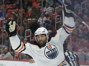 Patrick Maroon of the Edmonton Oilers celebrates after scoring during the first period against the Red Wings on Wednesday night in Detroit.