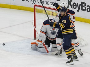 Sabres forward Jason Pominville celebrates a goal during the third period against the Edmonton Oilers on Friday night in Buffalo, N.Y.