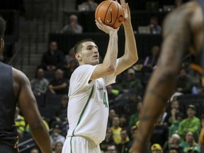 Oregon's Roman Sorkin shoots for one of his three pointers in the first half against Coppin State during an NCAA college basketball game in Eugene, Ore., Friday, Nov. 10, 2017. (Collin Andrew/The Register-Guard via AP)