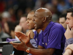 Portland head coach Terry Porter cheers on his team in the first half of an NCAA college basketball game against Oklahoma during the Phil Knight Invitational tournament in Portland, Ore., Friday, Nov. 24, 2017. (AP Photo/Timothy J. Gonzalez)