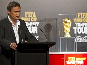FILE - In this April 27, 2010 file photo, Reynald Temarii of Tahiti, the president of Oceania's confederation, speaks at the welcoming ceremony for the FIFA World Cup Trophy on its one-day visit to Auckland, New Zealand. French police have questioned former FIFA vice president Reynald Temarii in their ongoing investigation of suspected corruption in the award of the 2022 World Cup to Qatar. (AP Photo/NZPA, David Rowland, File)