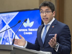 Jorge Araya, president and CEO of Imperial Tobacco Canada, gives a speech about the inconsistencies in the regulatory approaches between tobacco and marijuana Thursday, November 9, 2017 in Montreal. THE CANADIAN PRESS/Paul Chiasson