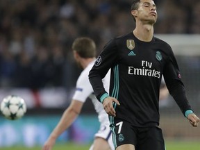 Real Madrid's Cristiano Ronaldo reacts after a failed pass during a Champions League Group H soccer match between Tottenham Hotspurs and Real Madrid at the Wembley stadium in London, Wednesday, Nov. 1, 2017. (AP Photo/Matt Dunham)