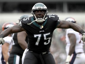 Philadelphia Eagles' Vinny Curry reacts during the first half of an NFL football game against the Denver Broncos, Sunday, Nov. 5, 2017, in Philadelphia. (AP Photo/Michael Perez)