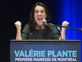 Valerie Plante speaks to supporters after being elected mayor of Montreal on municipal election night in Montreal, Sunday, November 5, 2017.