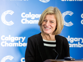 Alberta Premier Rachel Notley speaks with the media following an address to the Calgary Chamber of Commerce on Nov. 24, 2017.