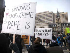 Demonstrators protest Judge Gregory Lenehan's decision to acquit a Halifax taxi driver charged with sexual assault during a rally in Halifax on Tuesday, March 7, 2017.