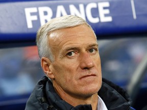 France's head coach Didier Deschamps looks on prior to an international friendly soccer match between France and Wales at Stade de France in Saint Denis, a northern suburb of Paris, France, Friday, Nov. 10, 2017. (AP Photo/Francois Mori)