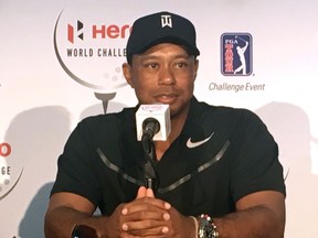 Tiger Woods speaks at a press conference at the Albany Golf Club in Nassau, Bahamas, Tuesday, Nov. 28, 2017. Woods is playing in this weeks Hero World Challenge, his first tournament since fusion surgery on his lower back in April. (AP Photo/Doug Ferguson)