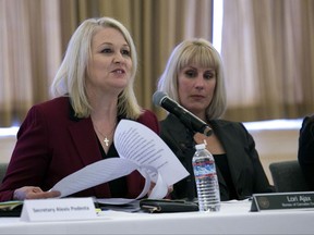 Lori Ajax, left, chief of the Bureau of Cannabis Control, speaks during the first public meeting of the Cannabis Advisory Committee, Thursday, Nov. 16, 2017, in Sacramento, Calif. The committee released the rules governing the nation's largest legal recreation marijuana market.  (AP Photo/Rich Pedroncelli)