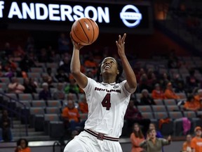 South Carolina's Doniyah Cliney drives in for a score during the first half of an NCAA college basketball game against Clemson Thursday, Nov. 16, 2017, in Clemson, S.C. (AP Photo/Richard Shiro)
