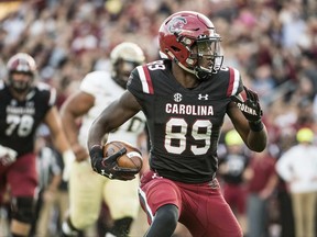 South Carolina wide receiver Bryan Edwards (89) runs with the ball against Wofford during the first half of an NCAA college football game, Saturday, Sept. 18, 2017, in Columbia, S.C. (AP Photo/Sean Rayford)