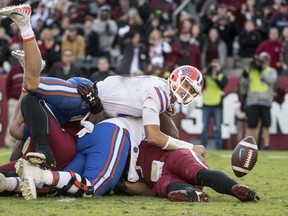 Florida quarterback Feleipe Franks (13) watches a batted pass attempt against South Carolina during the second half of an NCAA college football game Saturday, Nov. 11, 2017, in Columbia, S.C. South Carolina defeated Florida 28-20. (AP Photo/Sean Rayford)