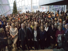 Delegates attending the Women Political Leaders summit in Reykjavik, Iceland pose for a group photo, Wednesday, Nov. 29, 2017. Over 400 women political leaders from around the world met in Iceland on Wednesday for an annual summit aimed at promoting gender equality inside and outside of the political sphere. (AP Photo/David Keyton)