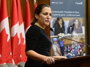 Chrystia Freeland, Minister of Foreign Affairs, makes an announcement on women, peace and security in Ottawa on Wednesday, Nov. 1, 2017. THE CANADIAN PRESS/Sean Kilpatrick