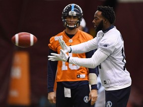 Toronto Argonauts' Ricky Ray and S.J. Green take part in the Grey Cup East Division champions practice in Ottawa on Wednesday, Nov. 22, 2017. THE CANADIAN PRESS/Sean Kilpatrick