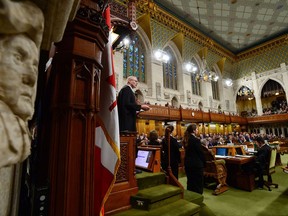 Speaker of the House of Commons Geoff Regan speaks for the 150th anniversary of the first meeting of the first Parliament of Canada as leaders rise to deliver statements in the House of Commons on Parliament Hill, in Ottawa on Monday, Nov. 6, 2017. THE CANADIAN PRESS/Sean Kilpatrick