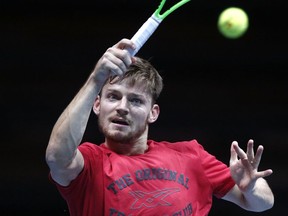 Belgium's David Goffin returns the ball during a training session at the Pierre Mauroy stadium in Lille, northern France, Wednesday, Nov.22, 2017. France will face Belgium in the Davis Cup final starting next Friday. (AP Photo/Michel Spingler)