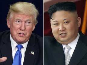 FILE -  This combination of the file photos show President Donald Trump, left, on Oct. 25, 2017, in Dallas and North Korean leader Kim Jong Un, right,  on April 15, 2017 in Pyongyang. President Trump will visit Japan, South Korea and China before attending regional summits in Vietnam and the Philippines on November. Unlike most of his recent predecessors, Trump will not visit the South Korean side of the Demilitarized Zone that looks out over North Korea.  Still, his quarrel with the North's ruler will dominate the trip. (AP Photo/Evan Vucci, Wong Maye-E, File)