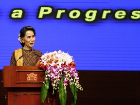 FILE - In this Sept. 30, 2016, file photo, Myanmar's Foreign Minister Aung San Suu Kyi delivers a speech at the 37th General Assembly of the ASEAN Inter-Parliamentary Assembly (AIPA) meeting in Naypyitaw, Myanmar. When Suu Kyi led the fight for democracy against Myanmar's despotic military rulers two decades ago, she bristled at the collective reluctance of Southeast Asian governments to intervene in her nation's plight. Today, Suu Kyi leads Myanmar. And when she attends the ASEAN summit on Monday, Nov. 13, 2017, she's likely to be counting on the bloc to keep silent amid international criticism of her government's role in the exodus of more than 600,000 Rohingya Muslims from Myanmar to Bangladesh. (AP Photo/Aung Shine Oo, File)