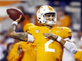 Tennessee quarterback Jarrett Guarantano (2) throws to a receiver during warmups before an NCAA college football game against Southern Mississippi, Saturday, Nov. 4, 2017, in Knoxville, Tenn. (AP Photo/Wade Payne)