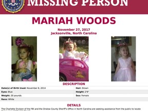 This image released by the FBI shows the seeking information poster for Mariah Woods. Local, state and federal law enforcement agencies are combining efforts to find the 3-year-old North Carolina girl missing from her home. FBI agent Stanley Meador told a news conference Tuesday, Nov. 28, 2017,  that neighboring sheriff's offices have provided assistance in the search for Mariah Kay Woods. Onslow County Sheriff Hans Miller said military personnel are also looking from the girl, who was reported missing from her home on Monday, Nov. 27. (FBI via AP)