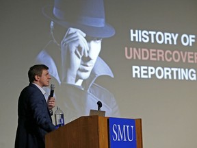 James O'Keefe, of Project Veritas, speaks at on the Southern Methodist University campus in Dallas, Wednesday, Nov. 29, 2017. (Jae S. Lee/The Dallas Morning News via AP)