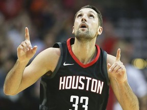 Houston Rockets forward Ryan Anderson reacts after making a 3-point basket during the first half of an NBA basketball game against the New York Knicks, Saturday, Nov. 25, 2017, in Houston. (AP Photo/Eric Christian Smith)
