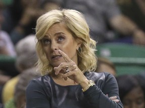 Baylor head coach Kim Mulkey looks at the video board in the second half of an NCAA college basketball game against Coppin State, Sunday, Nov. 12, 2017, in Waco, Texas. (AP Photo/Jerry Larson)
