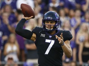 TCU quarterback Kenny Hill (7) throws against Texas during the first half of an NCAA college football game Saturday, Nov. 4, 2017, in Fort Worth, Texas. (AP Photo/Ron Jenkins)