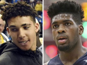 UCLA basketball players LiAngelo Ball (left) and Cody Riley are shown in these file photos.