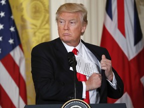 Donald Trump at a joint news conference with British Prime Minister Theresa May in the East Room of the White House White House in Washington, Friday, Jan. 27, 2017.