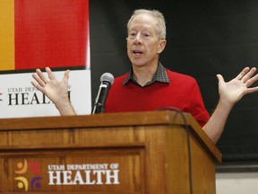 Michael Friedrichs, Bureau of Health Promotion Epidemiologist, Utah Department of Health, speaks to reporters during a news conference Thursday, Nov. 30, 2017, in Salt Lake City. Researchers studying a spike in teen suicides in Utah found that 18 of the 150 youngsters who took their own lives in a five-year period had recently lost privileges to use their electronic devices such as phones, tablets and gaming systems, according to a U.S. Centers for Disease Control and Prevention report made public Thursday. (AP Photo/Rick Bowmer)