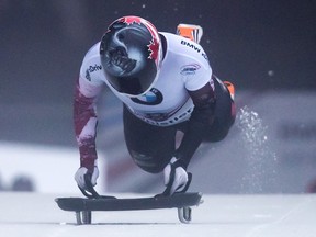 Jane Channell of North Vancouver, B.C., competes in a World Cup Skeleton race in Whistler, B.C., on Friday Nov. 24, 2017.