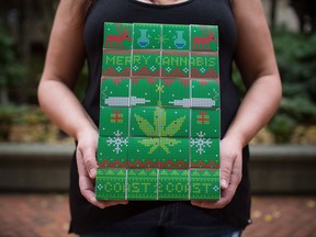 Lorilee Fedler, owner of Coast to Coast Medicinals, is pictured with her cannabis Christmas calendars in Vancouver, B.C., on Saturday November 25, 2017. A Vancouver cannabis company is scrambling to keep up with a flood of orders for marijuana-filled advent calendars, but the novel take on a popular Christmas tradition has some health experts ringing alarm bells. THE CANADIAN PRESS/Ben Nelms