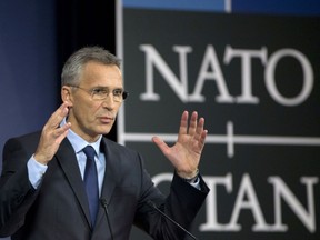 NATO Secretary General Jens Stoltenberg speaks during a media conference at NATO headquarters in Brussels on Tuesday, Nov. 7, 2017. NATO Secretary-General Jens Stoltenberg briefed the media on the eve of a two-day meeting of NATO defense ministers, where Afghanistan and cyber security are both on the agenda. (AP Photo/Virginia Mayo)